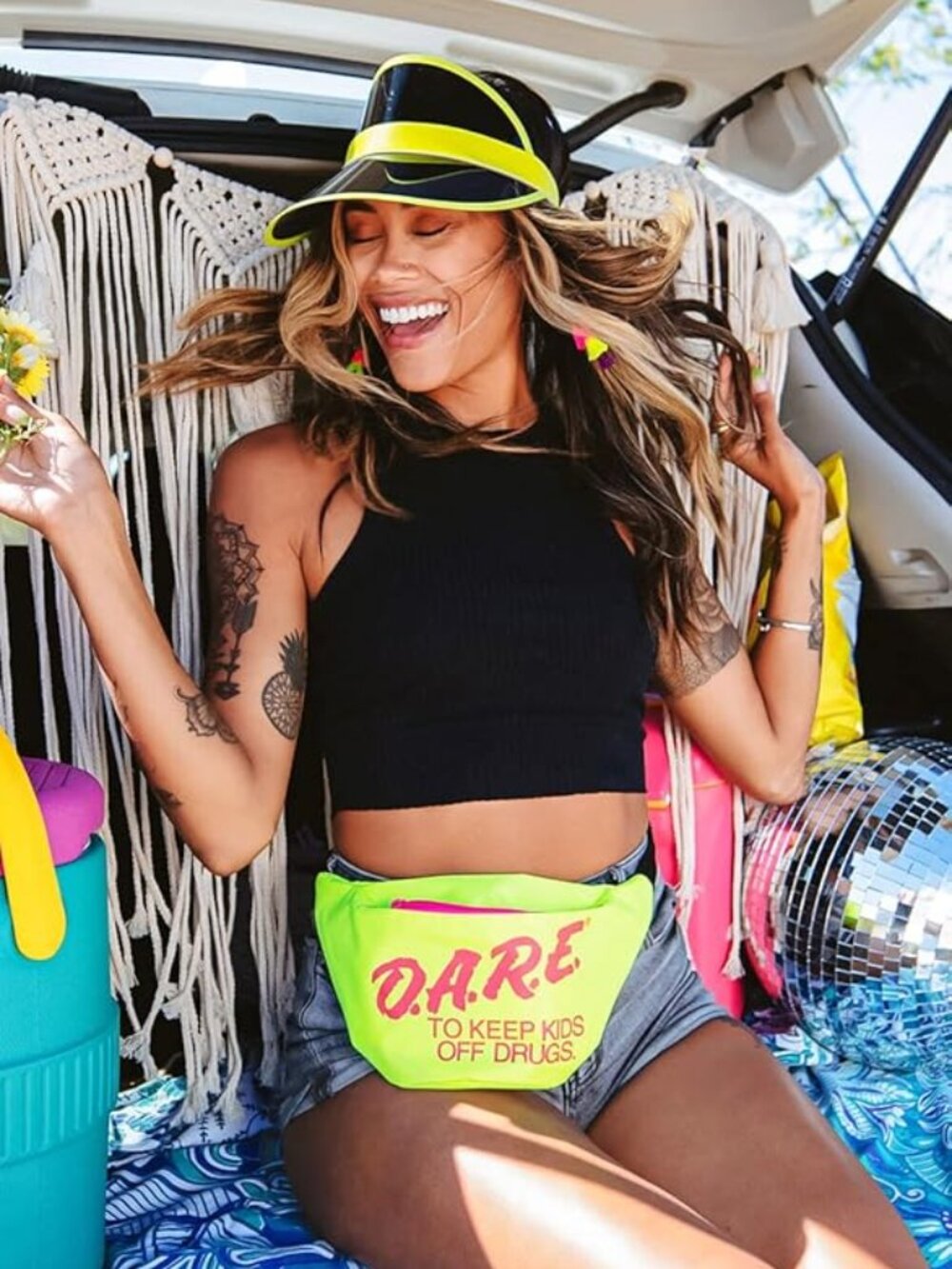 Tipsy Elves Black and Neon Yellow Sun Visor Hat New Retro 80s